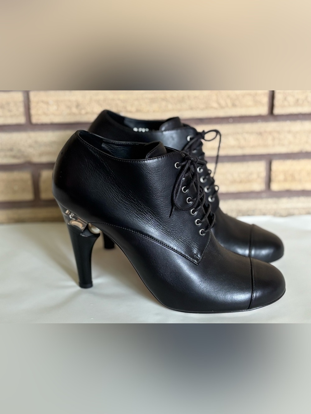 Chanel 2015 Black Ankle Boots with Pearl Lucite Heel - size 39 - Designer Heels
